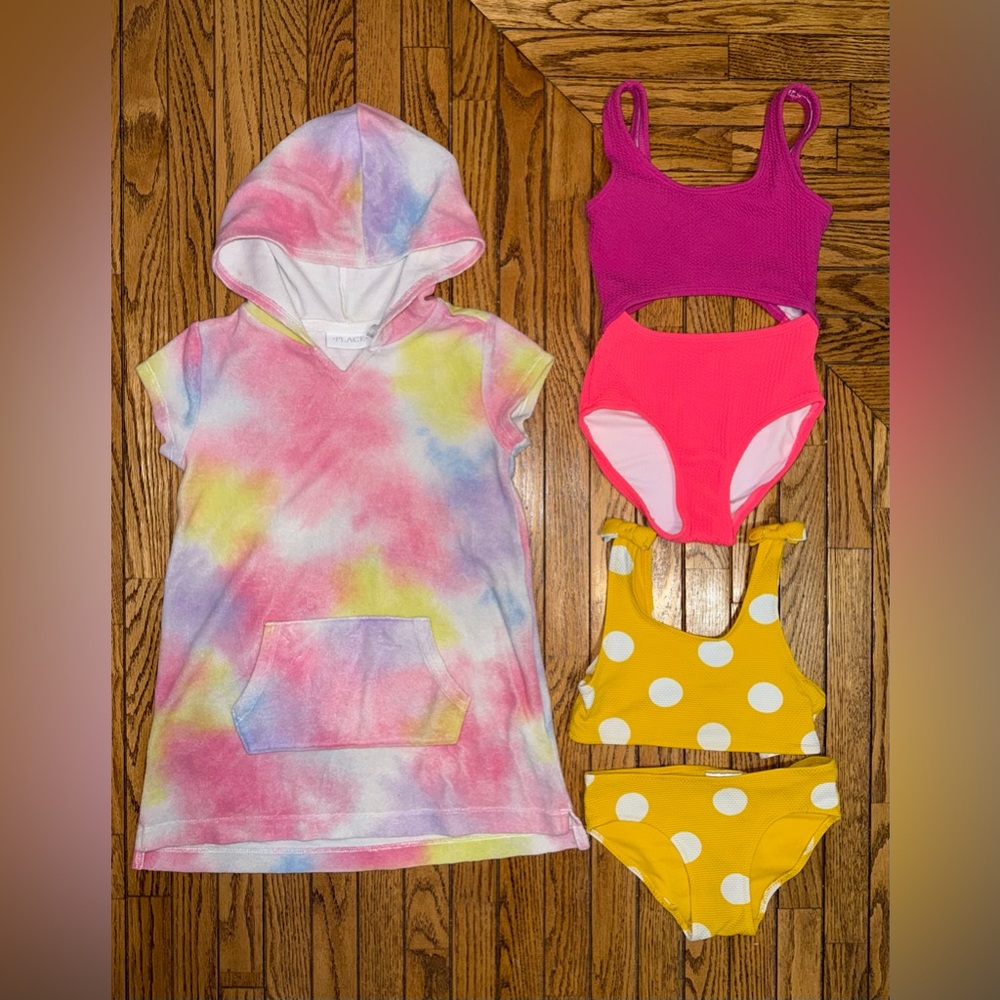 Colorful Tie-Dye Hooded Cover-Up and Swimsuits Set Size 5